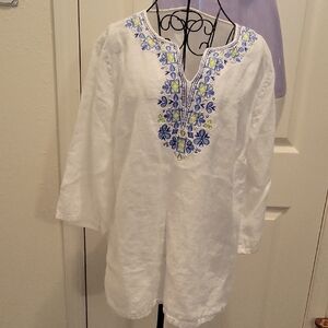 White Tunic with Blue and Green Embroidery